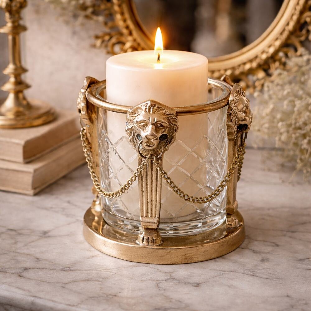 Vintage Brass Lion Head Candle Holder, Hollywood Regency Gold Decor